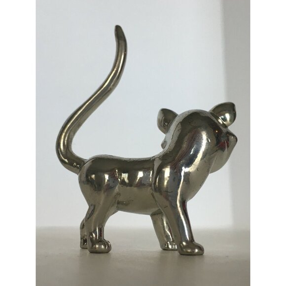 Vintage Cat Ring Holder Jewelry Display Silver Color Rhinestone Eyes Figurine - Picture 6 of 8